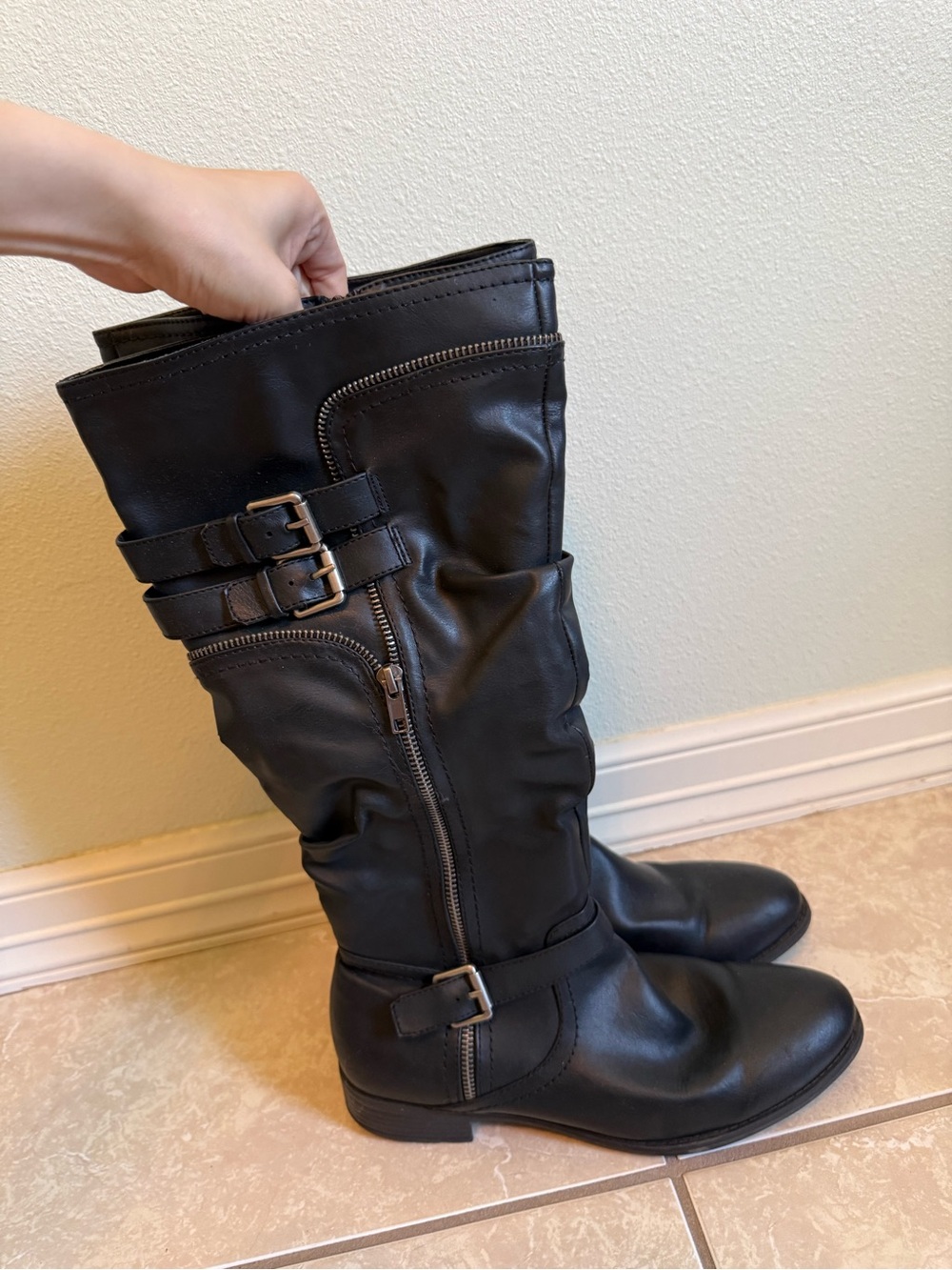 White Mountain Black Knee-High Buckle Zip Boots